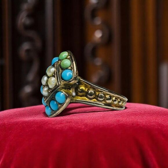 ANTIQUE- 10K Gold -Turquoise & Seed Pearl Ring -Sz 3.25- Victorian Western -1.8g - Picture 15 of 16